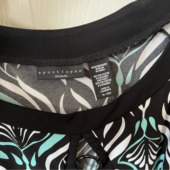 Apostrophe Woman Top Size 16-18W Black Teal Printed Keyhole Tunic Career Office - Picture 5 of 5